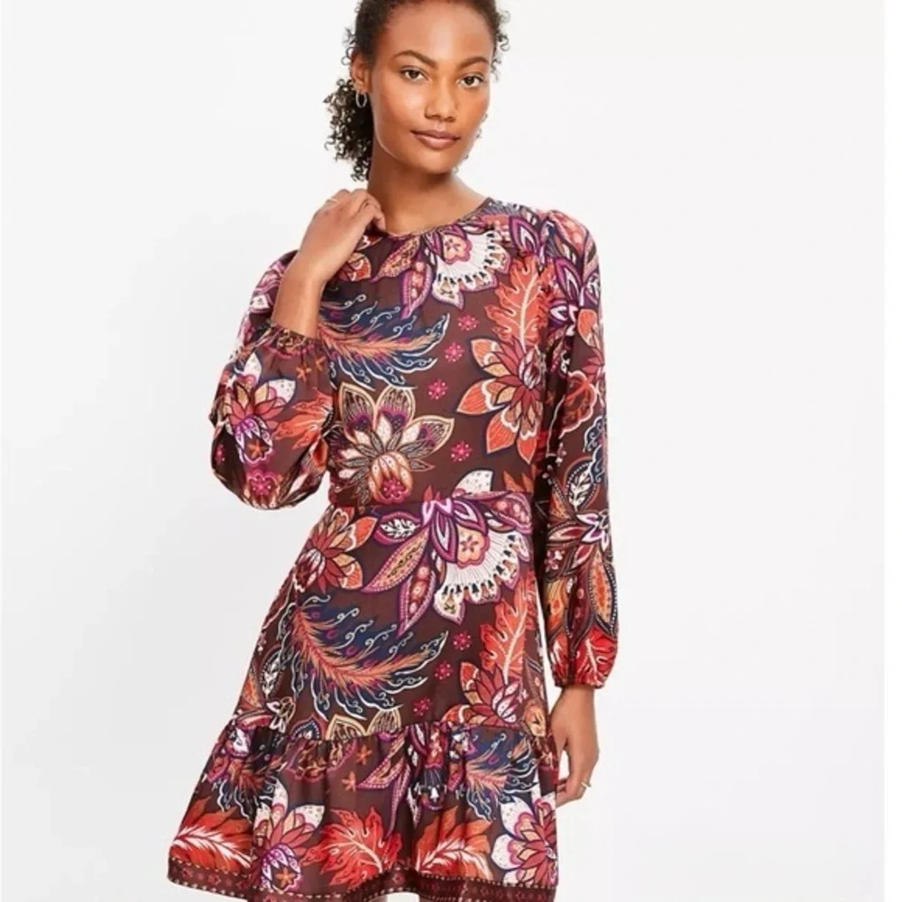 LOFT Red and Brown Floral Long Sleeve Dress - Picture 2 of 11
